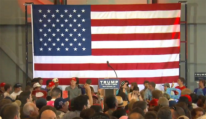 A shot of the crowd from the Donald Trump rally at plane hangar at the lakefront airport