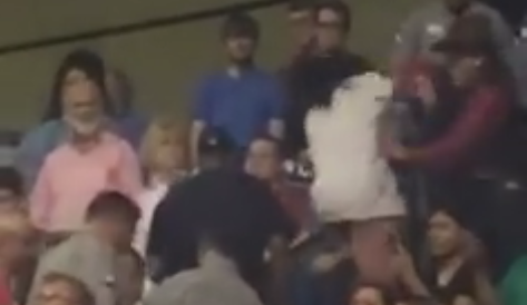 A still image from video shows a man sucker punching another man at a Donald Trump rally in North Carolina