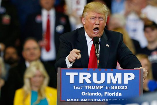 Republican presidential candidate Donald Trump speaks during a campaign rally Saturday