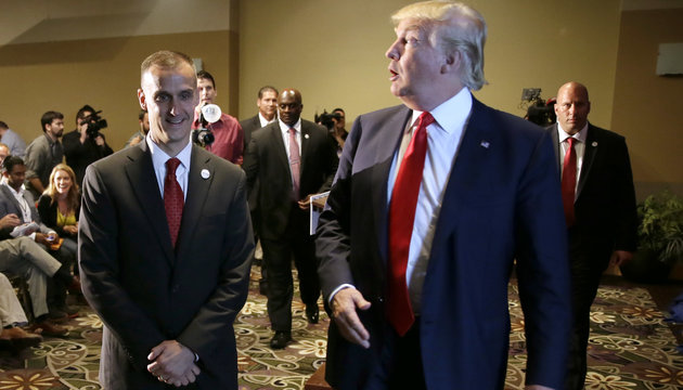 ASSOCIATED PRESS
Corey Lewandowski with Trump at an August press conference is known for aggressively dealing with the media