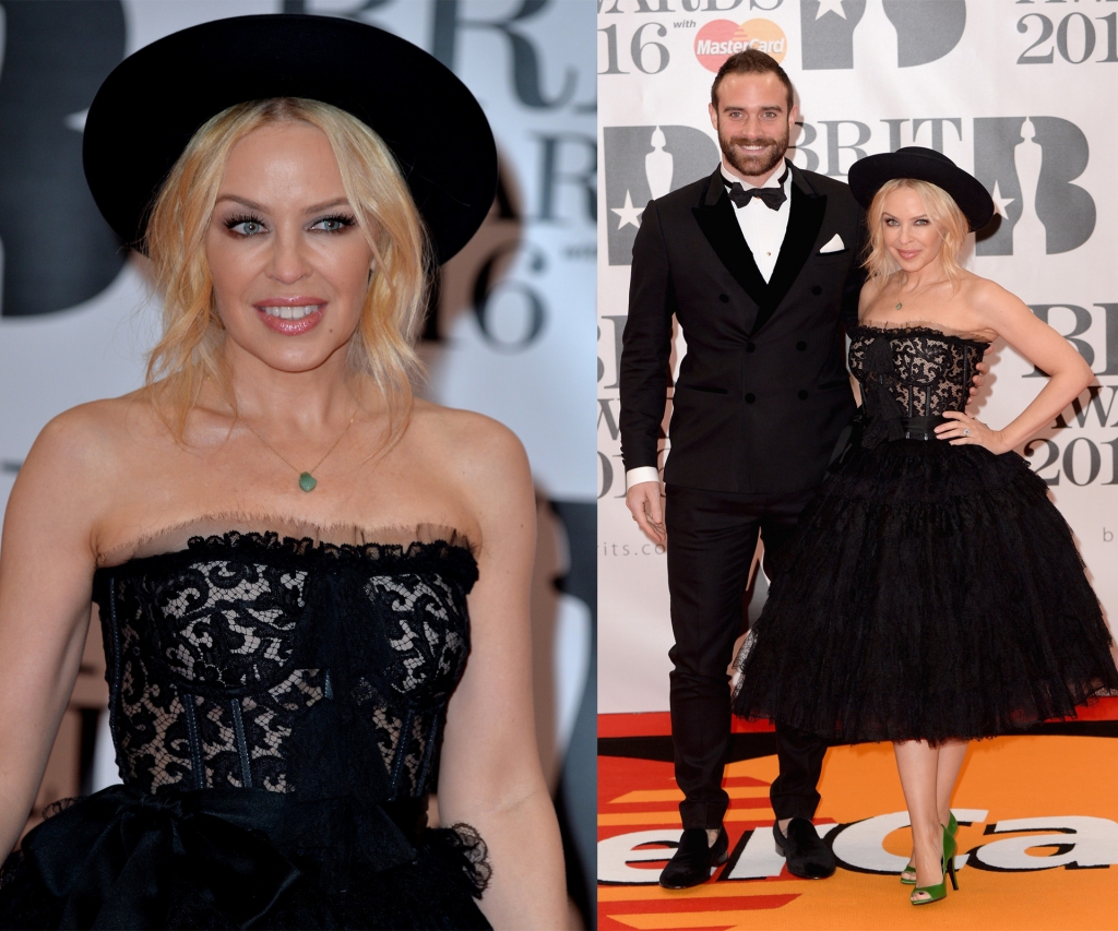 Kylie Minogue shows off her engagement ring at the BRIT Awards with fiancé Joshua Sasse