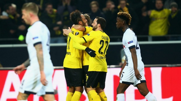 Pierre-Emerick Aubameyang of Dortmund celebrates his team's first goal against Spurs