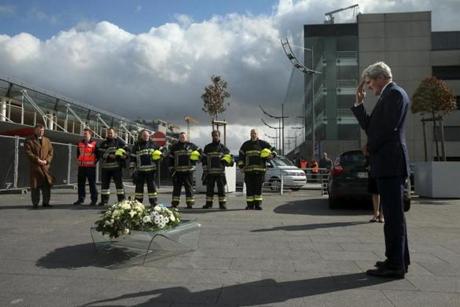 Secretary of State John Kerry participated in a wreath-laying ceremony at Brussels Airport