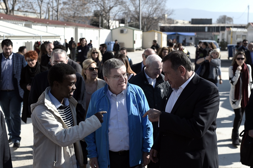 IOC President Thomas Bach at the Athens Greece Elaionas camp for migrants and refugees Jan. 28 2016