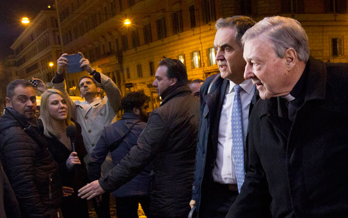 Australian Cardinal George Pell right arrived at the Quirinale hotel in Rome Feb. 29 2016 to testify via videolink from the hotel to the Royal Commission sitting in Sydney