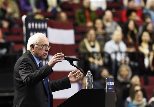 Democratic presidential candidate Bernie Sanders I-Vt. addresses the crowd during a rally at the Moda Center in Portland Ore. Friday March 25, 2016