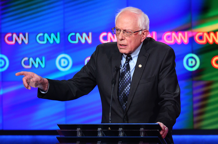 Bernie Sanders speaking during the CNN Democratic Presidential Primary Debate in Flint Michigan