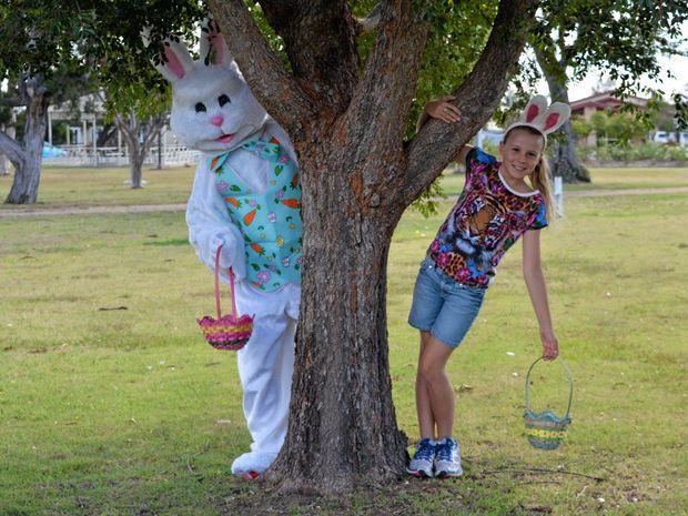 Bugs the Easter Bunny and Erina Skinner are ready for Saturday's Easter egg hunt