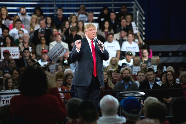 Businessman Donald Trump gives a speech in Des Moines Iowa