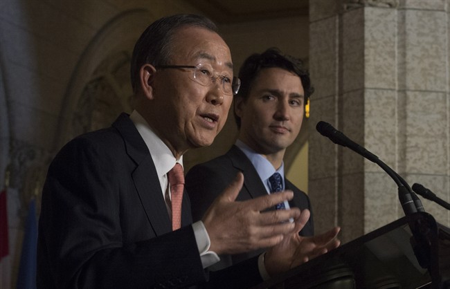 Prime Minister Justin Trudeau and United Nations Secretary General Ban Ki-moon take part in a joint news conference in the Foyer of the House of Commons on Parliament hill in Ottawa Thursday