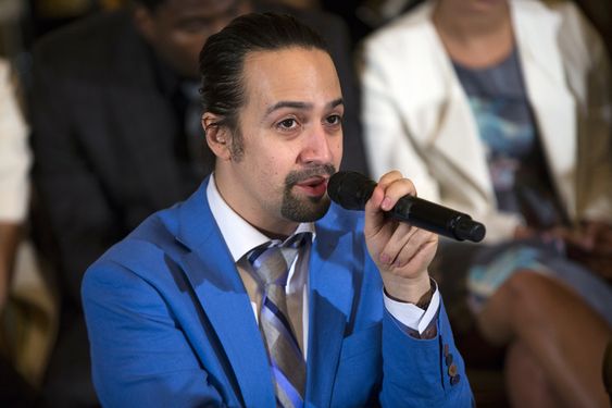 Miranda speaks during an event with the cast of the Broadway play'Hamilton in the East Room of the White House on Monday