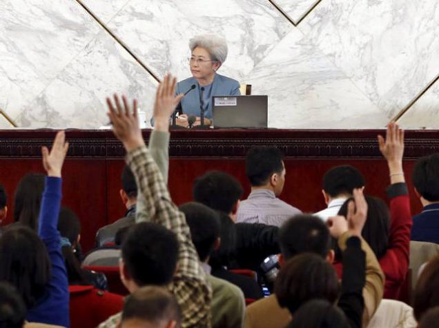 Fu Ying spokeswoman for China's parliament addresses reporters during a news conference at the Great Hall of the People ahead of Saturday's opening ceremony of the National People's Congress, in Beijing China on Friday