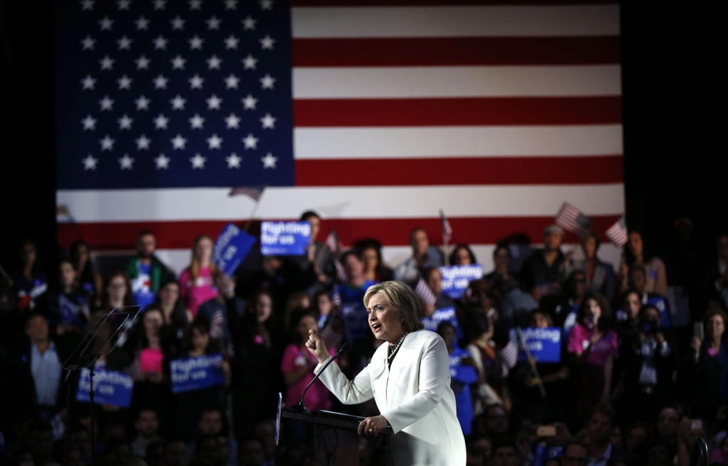 Democratic presidential candidate Hillary Clinton speaks at her Super Tuesday election night rally in Miami Tuesday