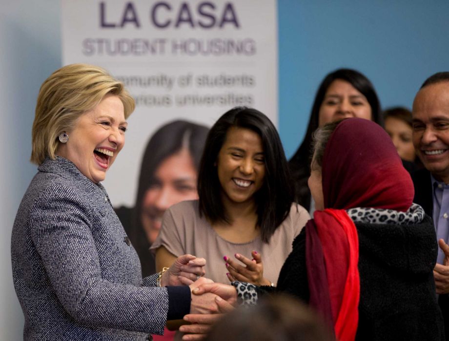 Democratic presidential candidate Hillary Clinton greets people at an immigration round table at The Resurrection Project at La Casa in the Pilsen neighborhood of Chicago Monday