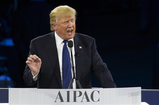 Republican presidential candidate Donald Trump speaks at the 2016 American Israel Public Affairs Committee Policy Conference at the Verizon Center on Monday