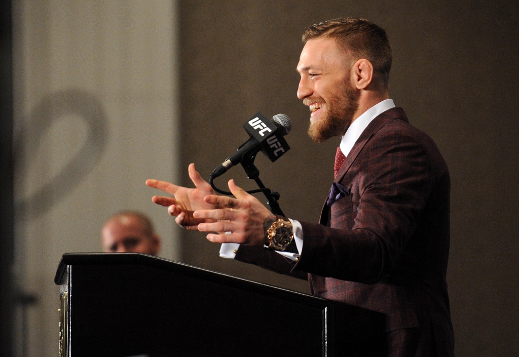 Las Vegas NV USA Conor Mc Gregor speaks following his victory against Jose Aldo UFC 194 press conference at MGM Grand Garden Arena. Mandatory Credit Gary A. Vasquez-USA TODAY Sports