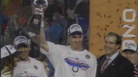 Credit NFL  CBS Sports                                            Colts quarterback Peyton Manning celebrates the team's Super Bowl XLI victory