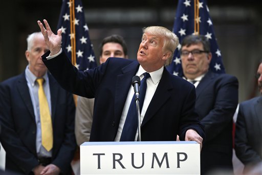 Republican presidential candidate Donald Trump speaks during a campaign event in the atrium of the Old Post Office Pavilion soon to be a Trump International Hotel Monday