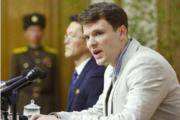 Otto Frederick Warmbier a University of Virginia student who has been detained in North Korea since early January attends a new conference in Pyongyang North Korea in this