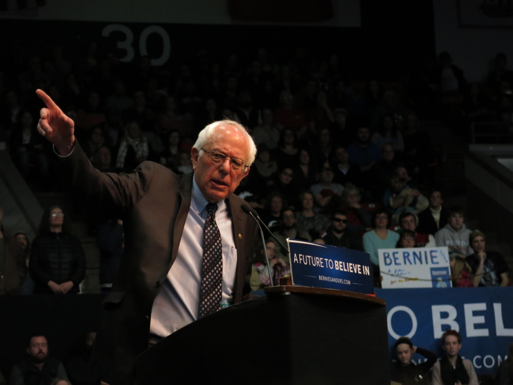 Democratic primary candidate Bernie Sanders speaks at the Wings Event Center in Kalamazoo Monday