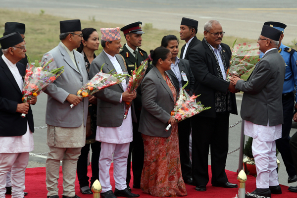 Deputy Prime Minister Bijay Gachhadar Speaker Onsari Gharti Magar and other ministers welcome Prime Minister Oli in Kathmandu on Sunday