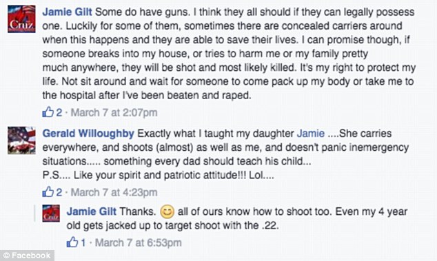 Discussing gun rights on Facebook Gilt wrote Monday that her'4 year old gets jacked up to target shoot