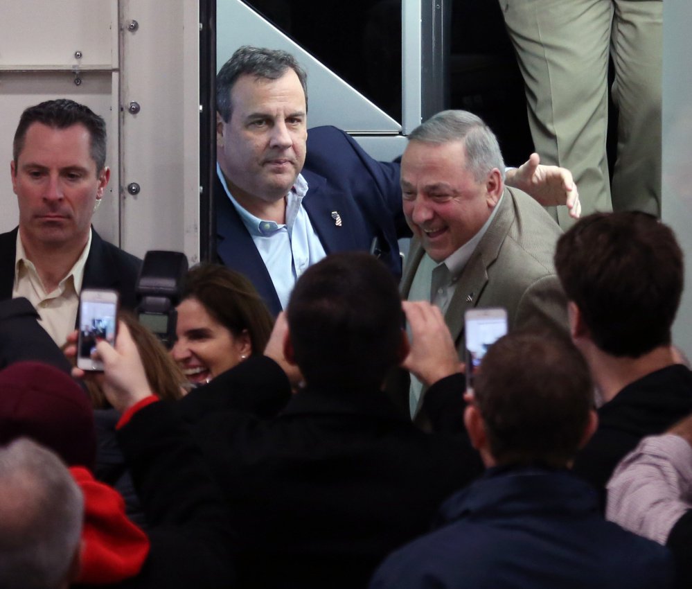 New Jersey Gov. Chris Christie and Maine Gov. Paul Le Page appeared at a town hall meeting in New Hampshire in September where they joked and campaigned together