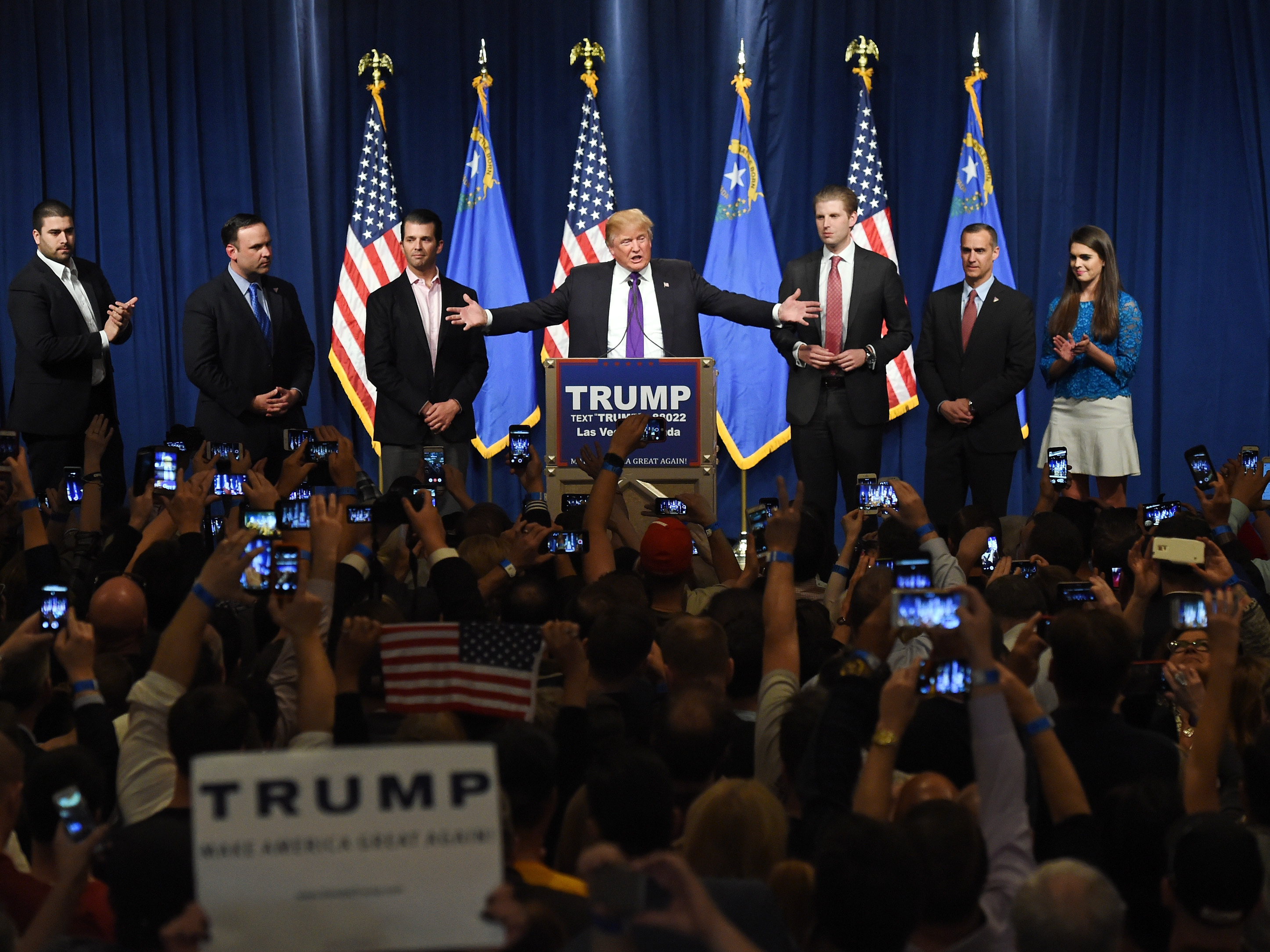 Donald Trump delivering his victory speech in Las Vegas Tuesday night after winning the Nevada GOP caucuses.   Getty Images