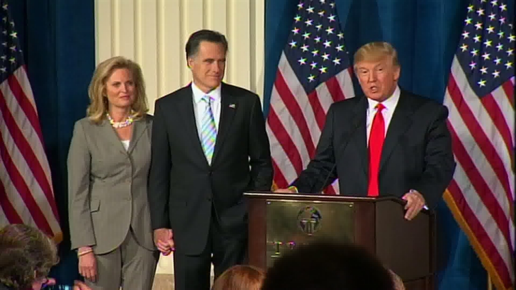 Donald Trump endorses Mitt Romney at a rally at Trump International Hotel & Tower in Las Vegas NV Feburary 2 2012