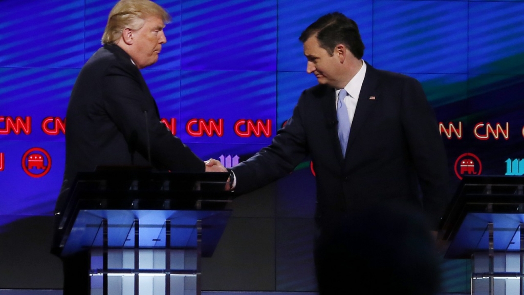 Donald Trump shakes hands with Ted Cruz following the CNN Republican Presidential Debate