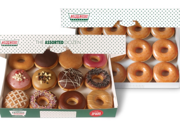 Krispy Kreme's double dozen doughnuts in the firm's iconic green dotty box