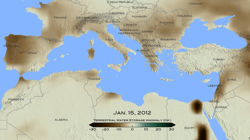 NASA graphic indicating conditions in January 2012 brown shades show the decrease in water storage from the 2002-2015 average in the Mediterranean region