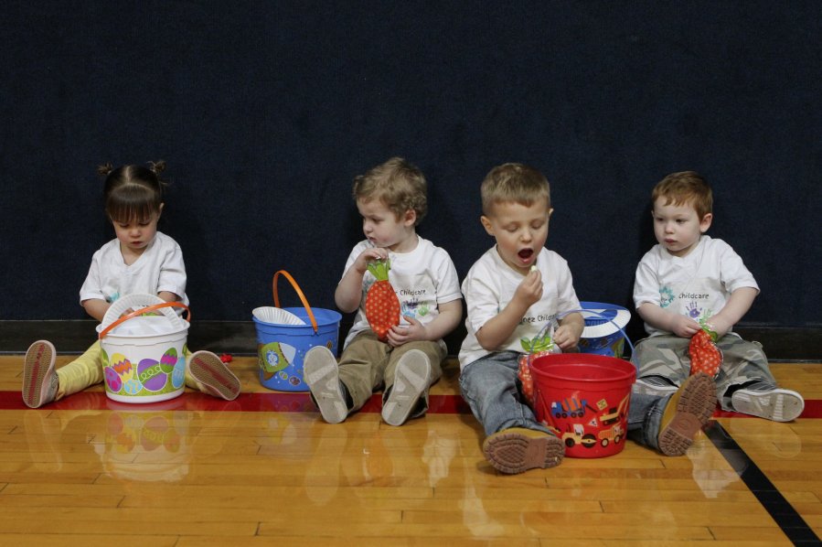 Greg Barnette  Record Searchlight Eloise Burgess 2, from left Remington Williams 3 Shawn Steyskal 3 and Mason Williams 1 check out their their baskets Wednesday during the YMCA