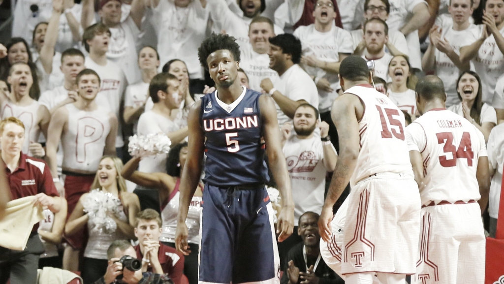 UConn's Daniel Hamilton reacts during the second half of an NCAA college basketball game against Temple in Philadelphia Wednesday Feb. 11 2016.  PHIX OUT TV OUT MAGS OUT NEWARK OUT MA