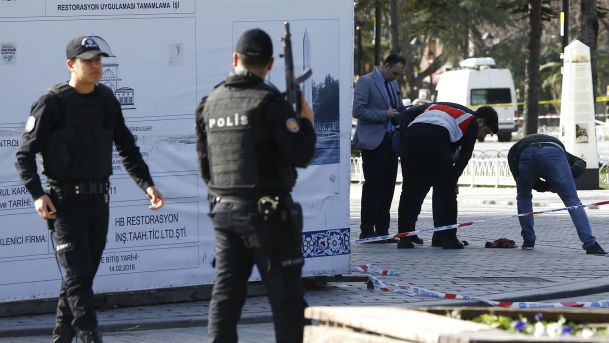 Police secure the area after an explosion in central Istanbul Turkey