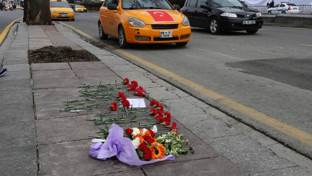 Flowers left by local people at the site of a suicide bomb attack in Ankara Turkey