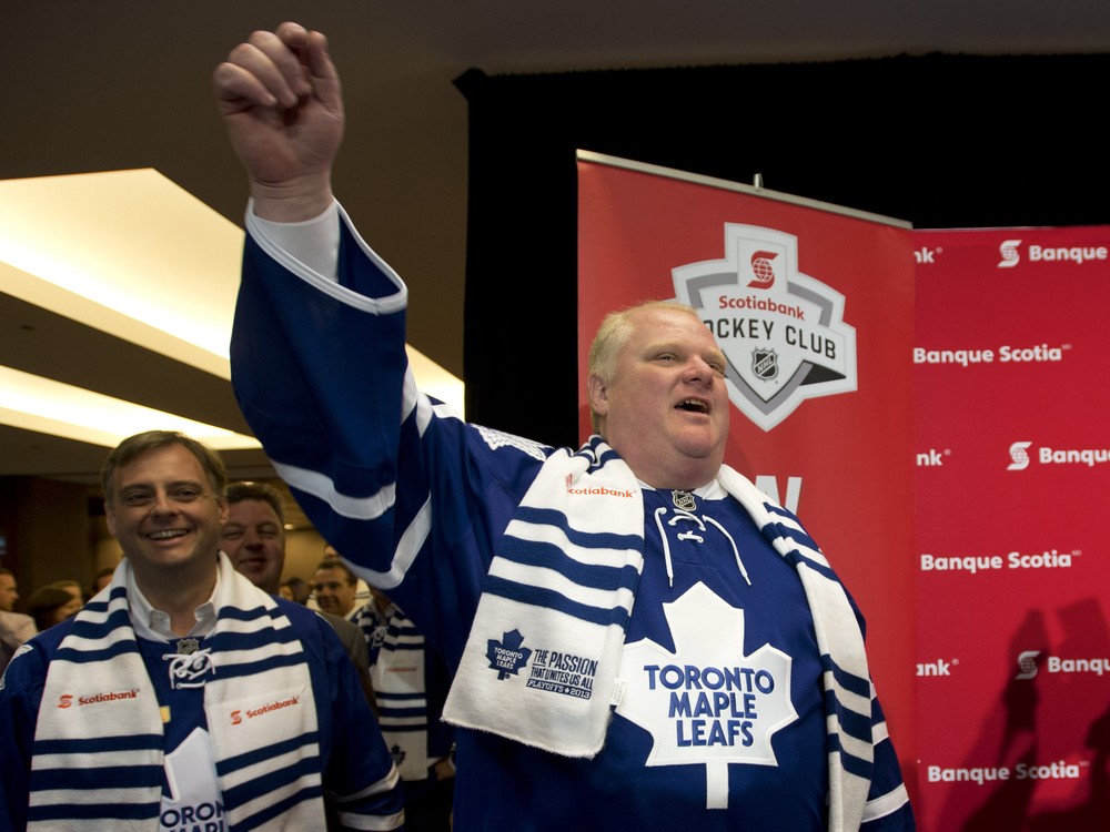 TORONTO ONTARIO MAY 6 2013- ROB FORD- Mayor Rob Ford celebrates'Blue and White Day in support of the Toronto Maple Leafs first home playoff game in 9 years in Toronto Monday