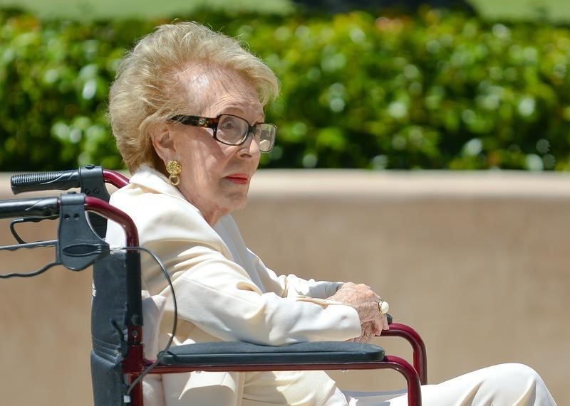 Nancy Reagan visiting the grave site of her husband former United States President Ronald Wilson Reagan at the Ronald Reagan Presidential Library on the 10th anniversary of his passing in Simi Valley California in 2014