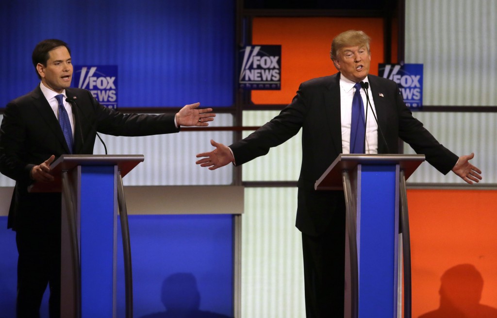 Republican presidential candidates Sen. Marco Rubio R-Fla. and businessman Donald Trump argue a point during a Republican presidential primary debate at Fox Theatre Thursday