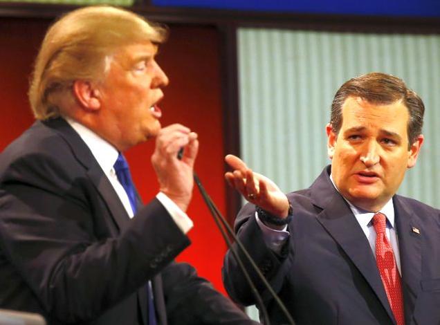 Republican presidential candidates Donald Trump and Ted Cruzt during a Republican presidential primary debate in Detroit on Thursday