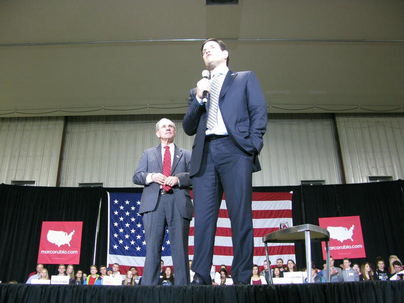 GOP presidential Marco Rubio speaks at a Boise rally behind him is Idaho Sen. Jim Risch