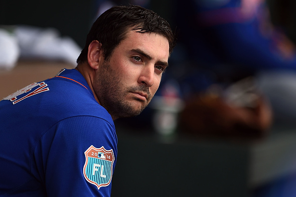 JUPITER FL- MARCH 13 Matt Harvey #33 of the New York Mets sits in the dugout between innings during a spring training game against the Miami Marlins at Roger Dean Stadium