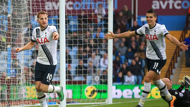 Harry Kane left celebrates his second goal with Erik Lamela in Tottenham's 2-0 win at Aston Villa