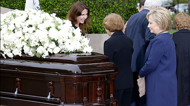 Hillary Clinton at Nancy Reagan's casket during her funeral service at the Ronald Reagan Presidential Library. Chris Carlson  AP