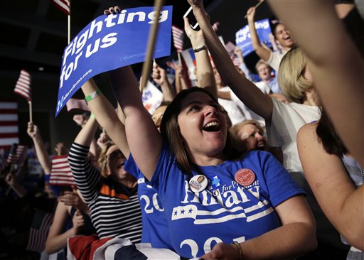 Supporters cheer for Democratic presidential candidate Hillary Clinton as results come in during an election night event at the Palm Beach County Convention Center in West Palm Beach Fla. Tuesday