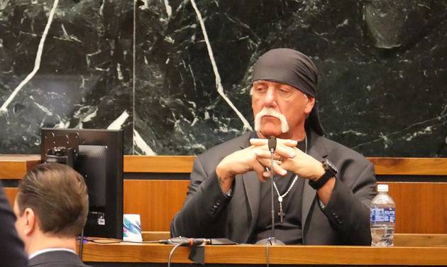 Terry Bollea known as professional wrestler Hulk Hogan listens while testifying in his case against the news website Gawker at the Pinellas County Courthouse in St. Petersburg Fla. Monday