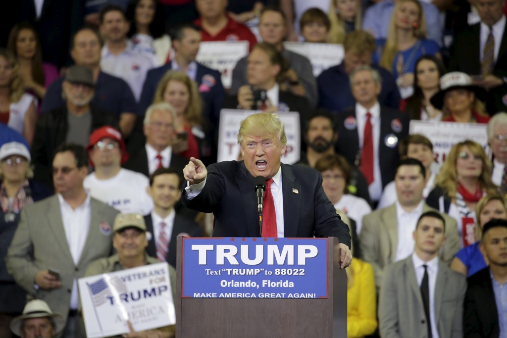 Republican U.S. presidential candidate Donald Trump speaks at a campaign rally held at the University of Central Florida in Orlando Florida