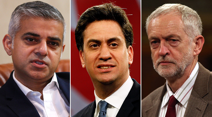 London mayoral candidate Sadiq Khan Britain's opposition Labour Party leader Ed Miliband and Britain's opposition Labour Party leader Jeremy Corbyn