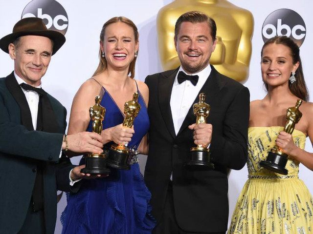 Mark Rylance winner of the award for best actor in a supporting role for “Bridge of Spies' from left Brie Larson winner of the award for best actress in a leading role for “Room” Leonardo DiCaprio winner of the award for best actor in a leadin