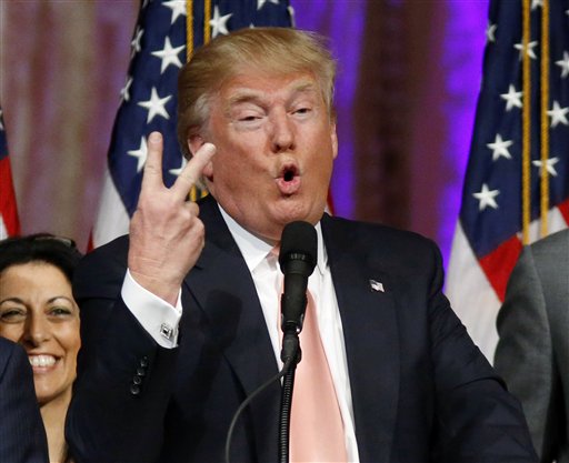 Republican presidential candidate Donald Trump speaks to supporters at his primary election night event at his Mar-a Lago Club in Palm Beach Fla. Tuesday